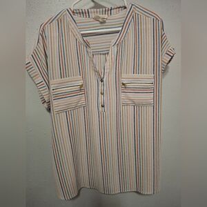 Flower & Feather Striped Blouse with Zipper Pockets